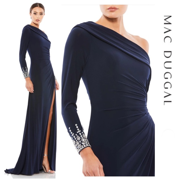 Mac Duggal - Beaded Cuff Drop Shoulder Faux Wrap Gown - Midnight Size 12